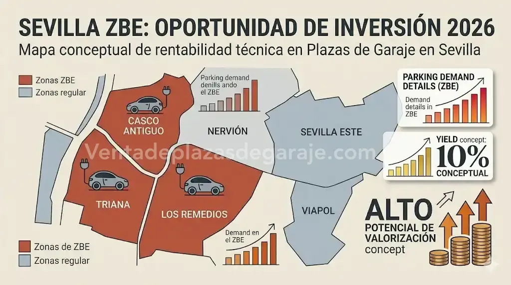 Vender Plaza de Garaje en Sevilla 2 Mapa conceptual ZBE Sevilla 2026 rentabilidad plazas garaje - ventadeplazasdegaraje.com